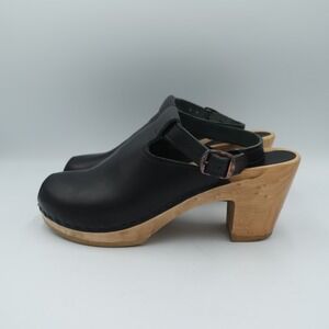 Sven Black Leather Peep Toe Slingback Clogs Wooden Block Heel Womens 10.5 EU 41